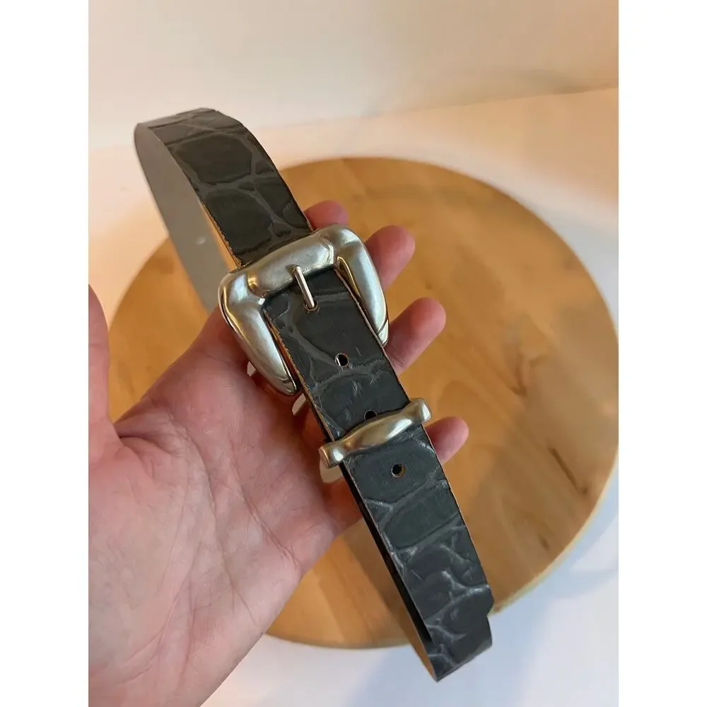 Vintage 90s Gray Vegan Snake Skin Leather Chunky Silver Buckle Belt Size Small